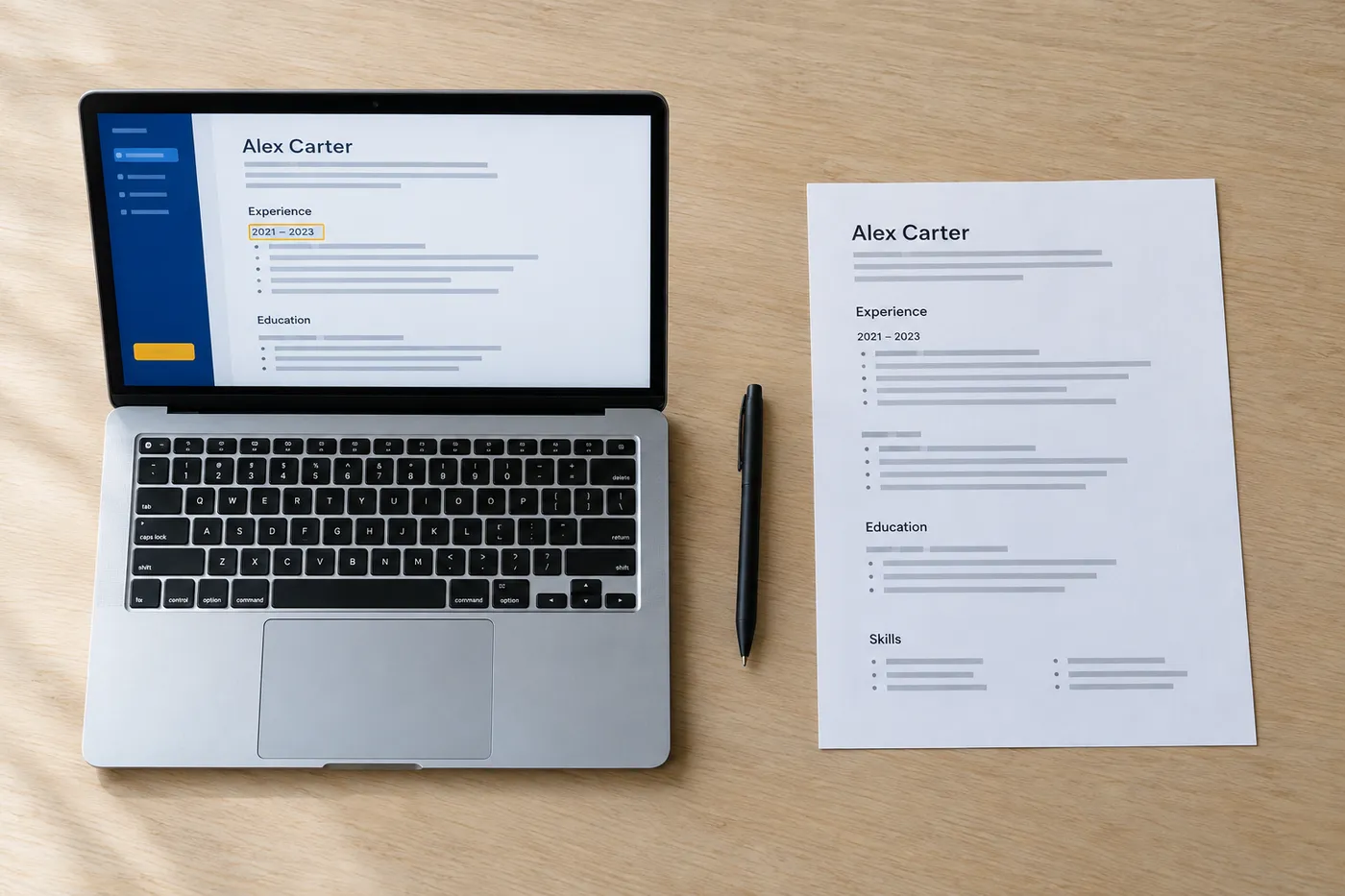 A laptop screen showing a resume with years-only dates next to a printed draft with month-by-month dates to hide employment gaps.