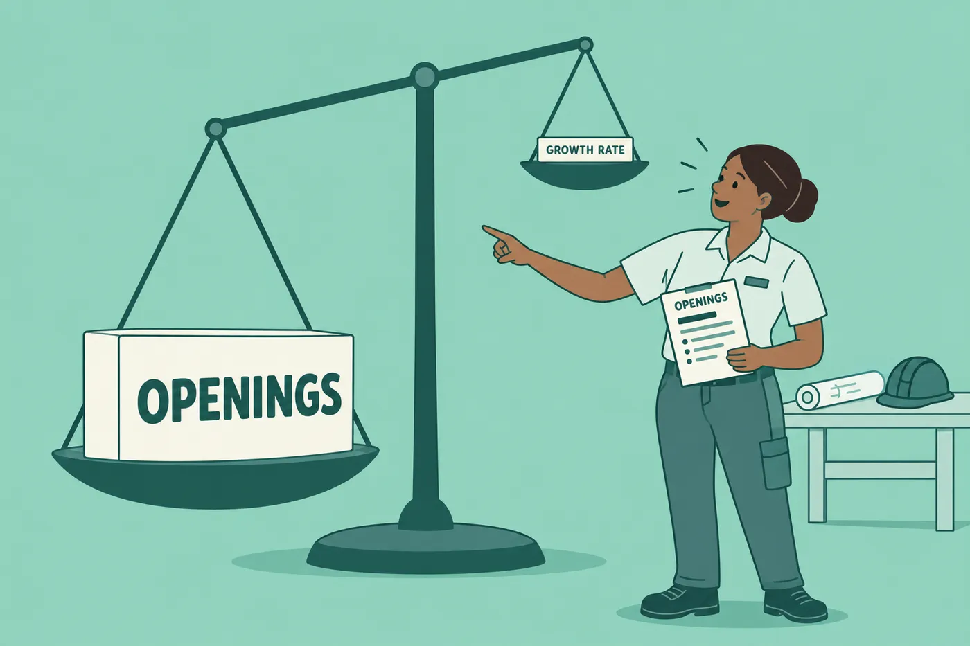 A woman points to a giant scale where 'Openings' outweighs 'Growth Rate', illustrating why job openings matter more.