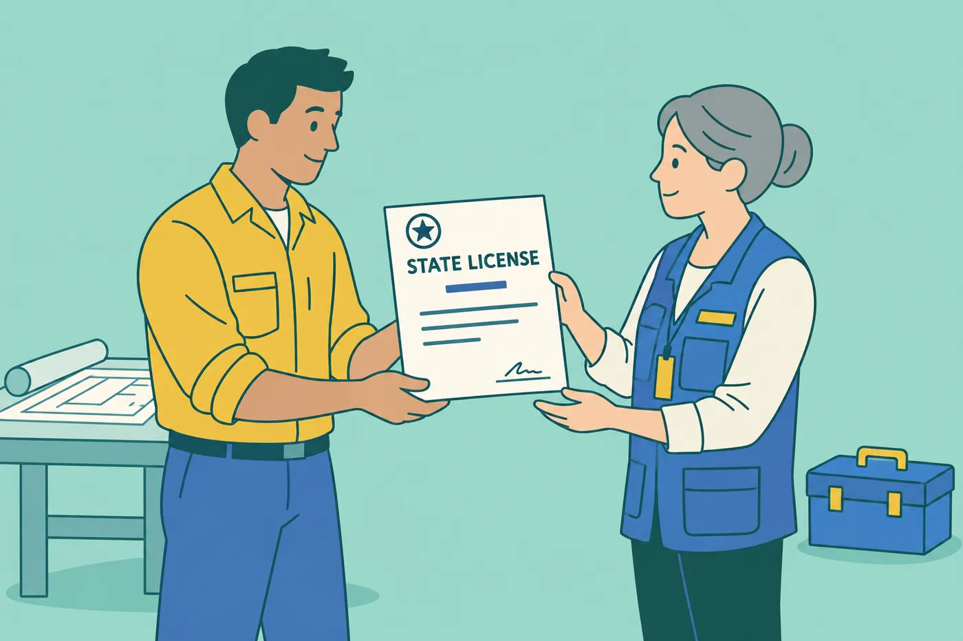 A trade worker hands his state license to an inspector, illustrating trade licensing requirements.
