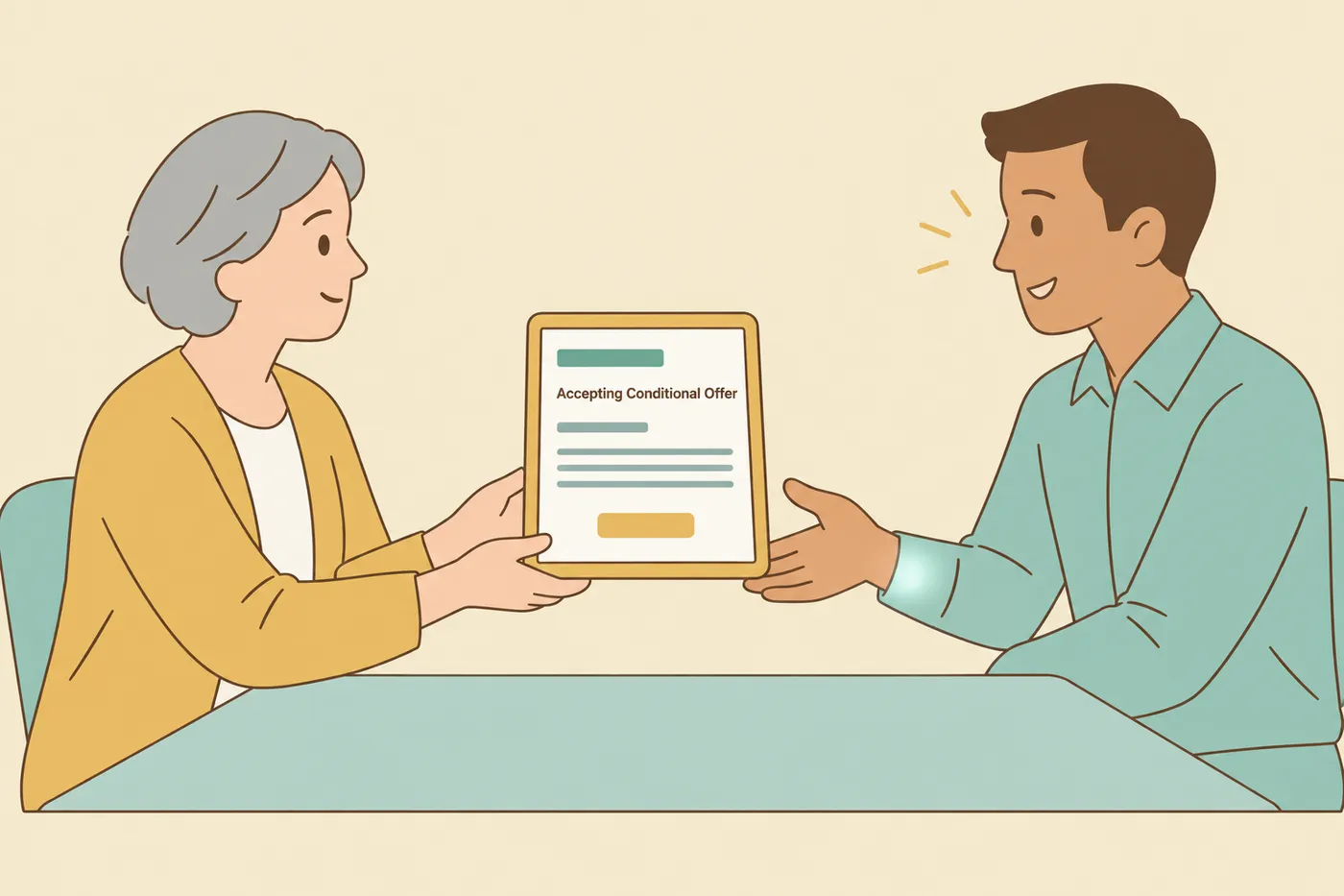A job seeker hands a tablet showing her email draft to a career coach to review, for an article on accepting a conditional job offer.