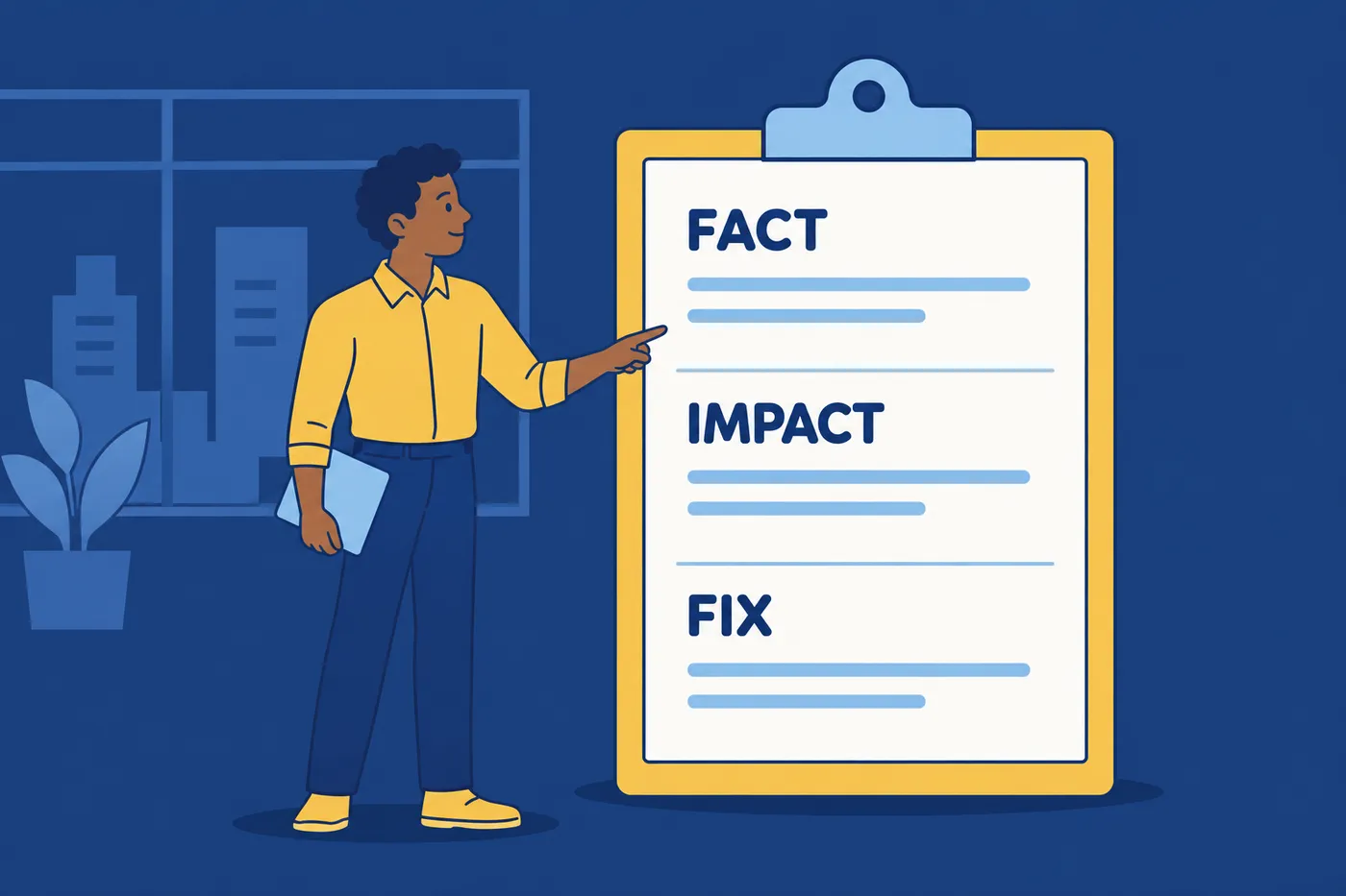 A young man points to a giant clipboard outlining a three-part exit interview answer structure: Fact, Impact, and Fix.