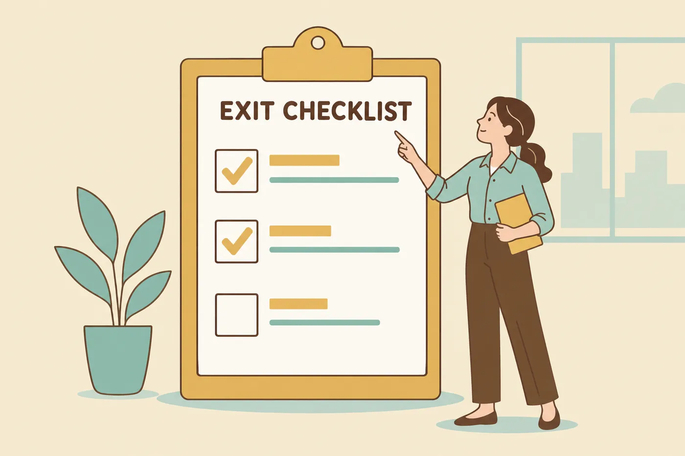 A woman reviews a giant checklist of final HR questions before her last day at work.