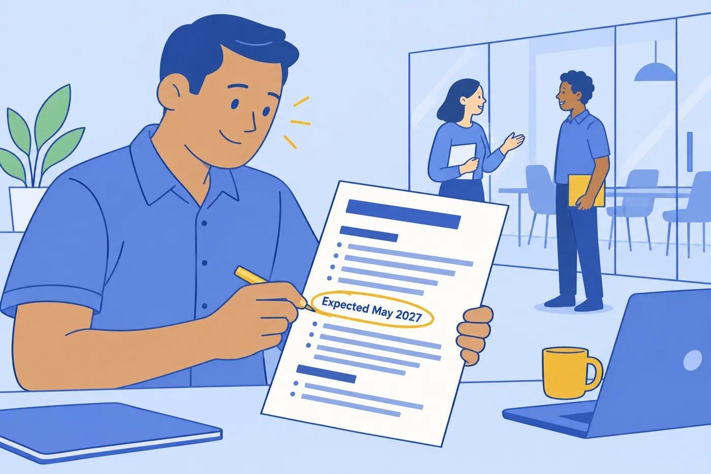 A hiring manager in an office smiles as he circles an expected graduation date on a student's resume.