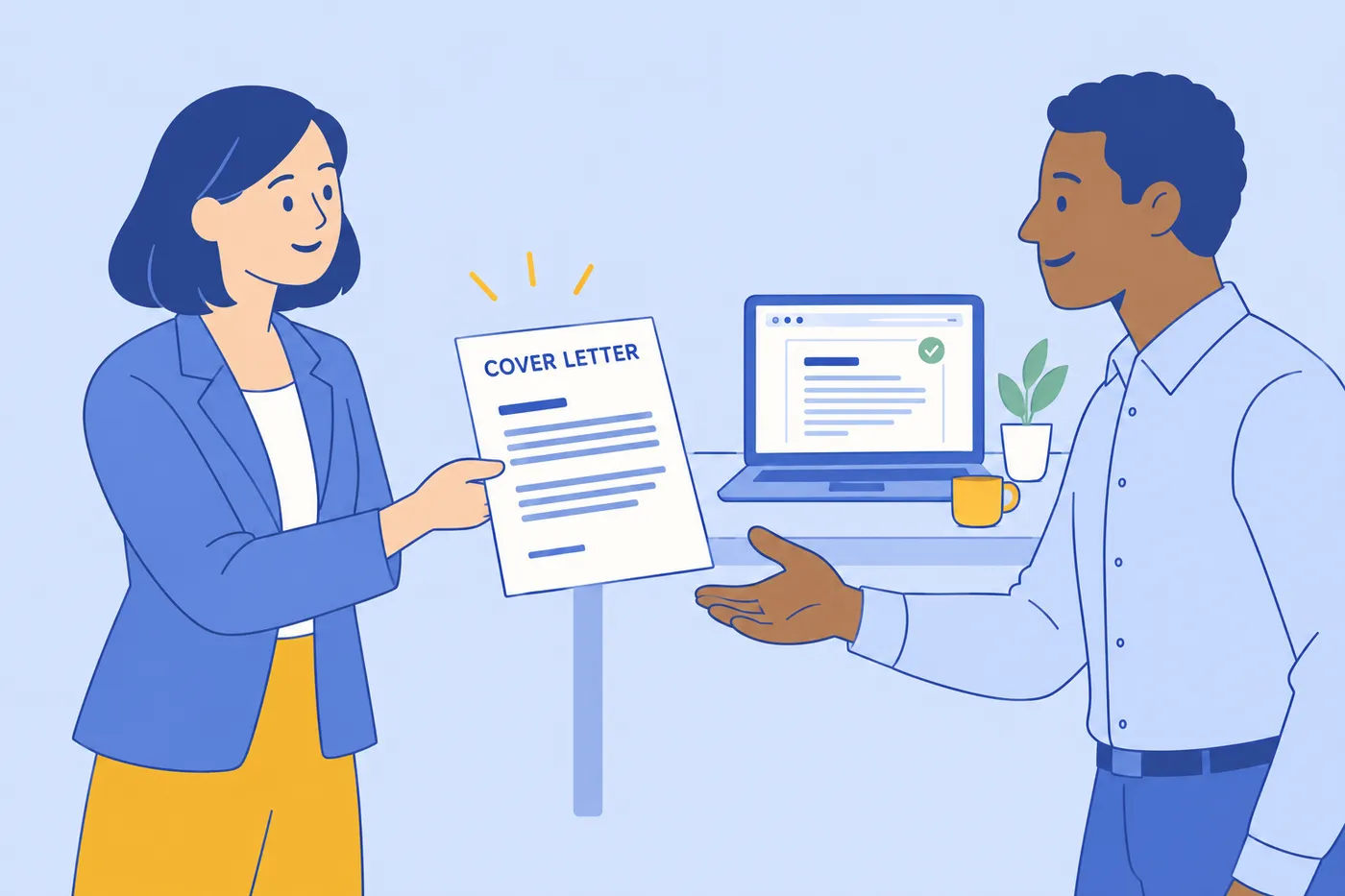 A job seeker hands her printed cover letter to a manager, with her safely autosaved draft open on a laptop behind them.