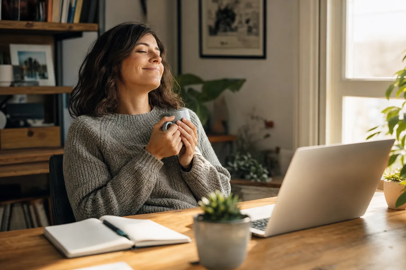 A relaxed writer smiling at their desk with a laptop, representing the peace of mind of autosaved work.