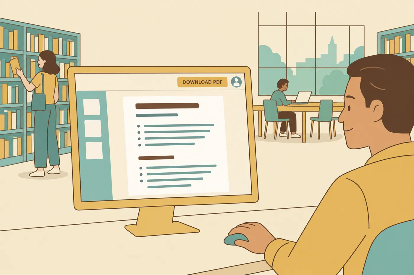 A man in a public library downloads a resume from an anonymous editor screen, for an article on no-signup resume builders.