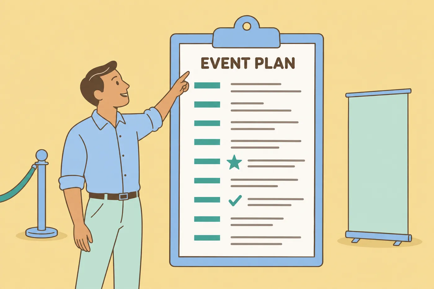 An event planner points to a giant event plan document, illustrating careers built around people and events.