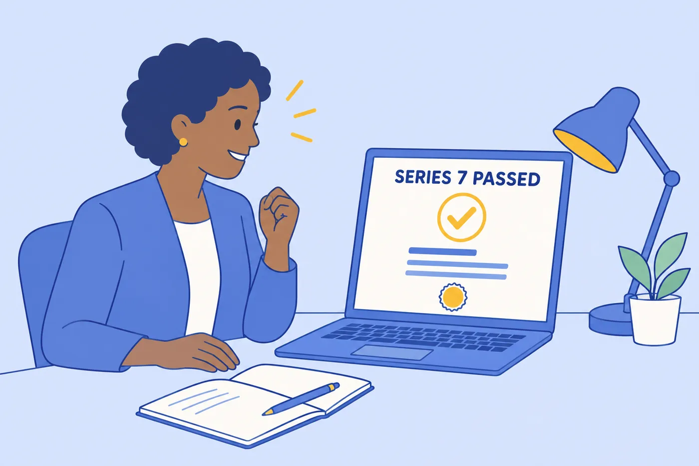 A woman smiles at her laptop screen showing a passed Series 7 exam, illustrating how to enter finance without a degree.