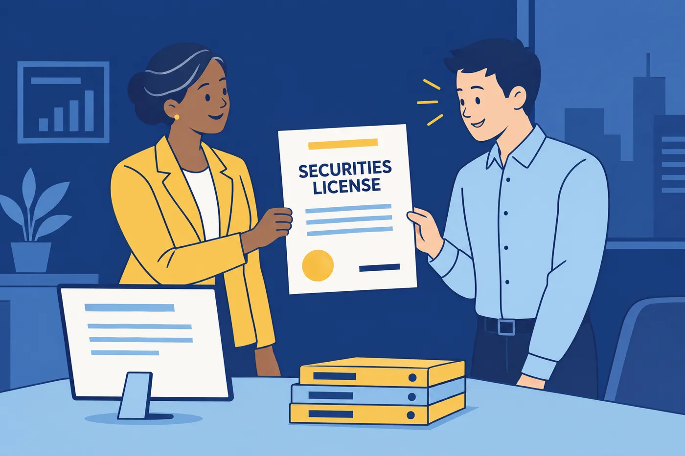 A manager presents a securities license certificate to a proud young sales representative in an office.