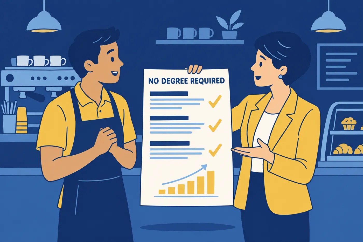 A sales manager shows a flyer of high-paying sales jobs requiring no degree to a retail worker across a counter.