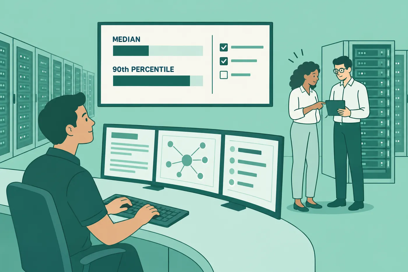 An IT specialist looks at a network operations chart showing median versus 90th percentile technical salaries.