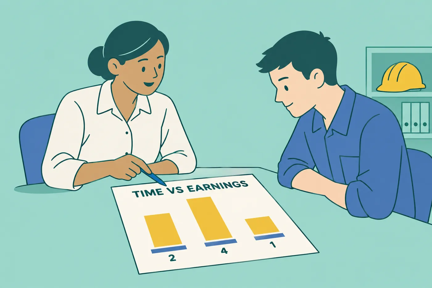 A career advisor points to a trade comparison chart for a student, showing training time versus earnings.