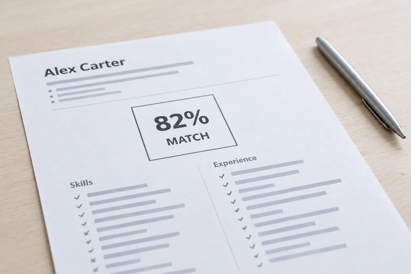 A close-up of a printed candidate evaluation sheet showing an 82% match score, illustrating how ATS systems rank applicants.