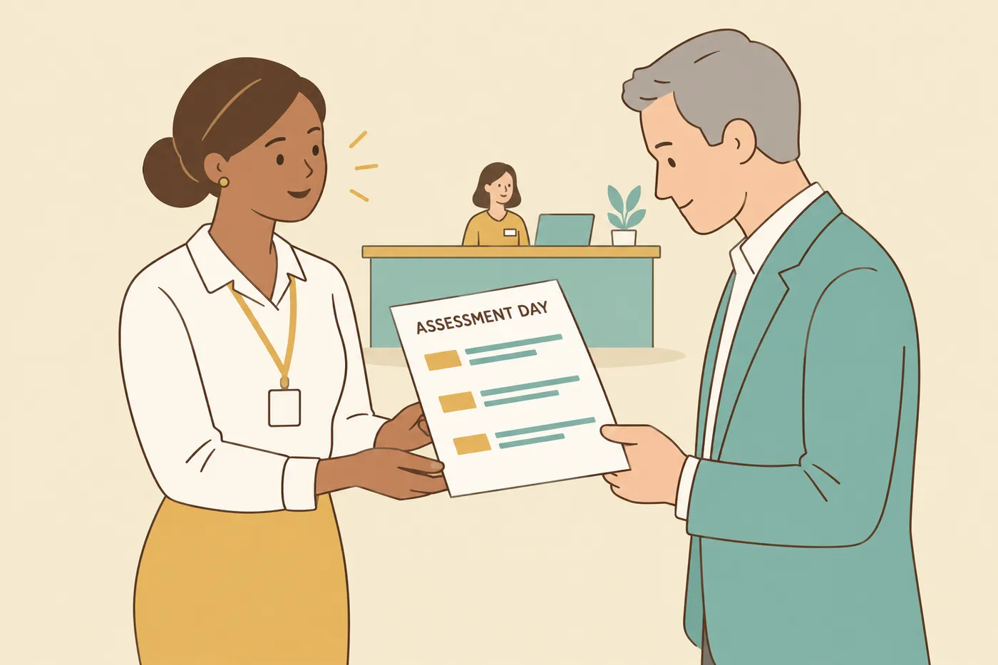 A coordinator hands a strict assessment day schedule to a male candidate, illustrating the tight timeline of panel interviews.