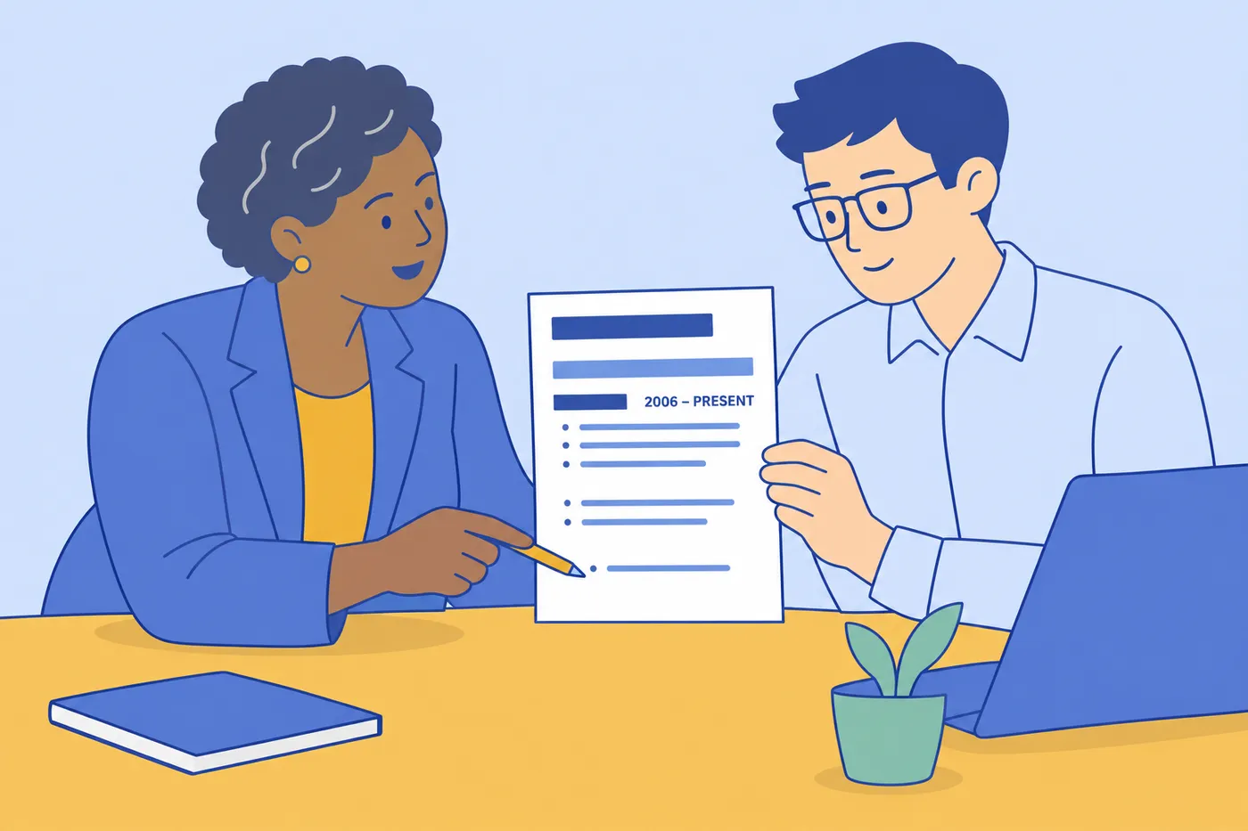 A career advisor and an experienced candidate review a resume showing 18 years of nested roles at one employer.