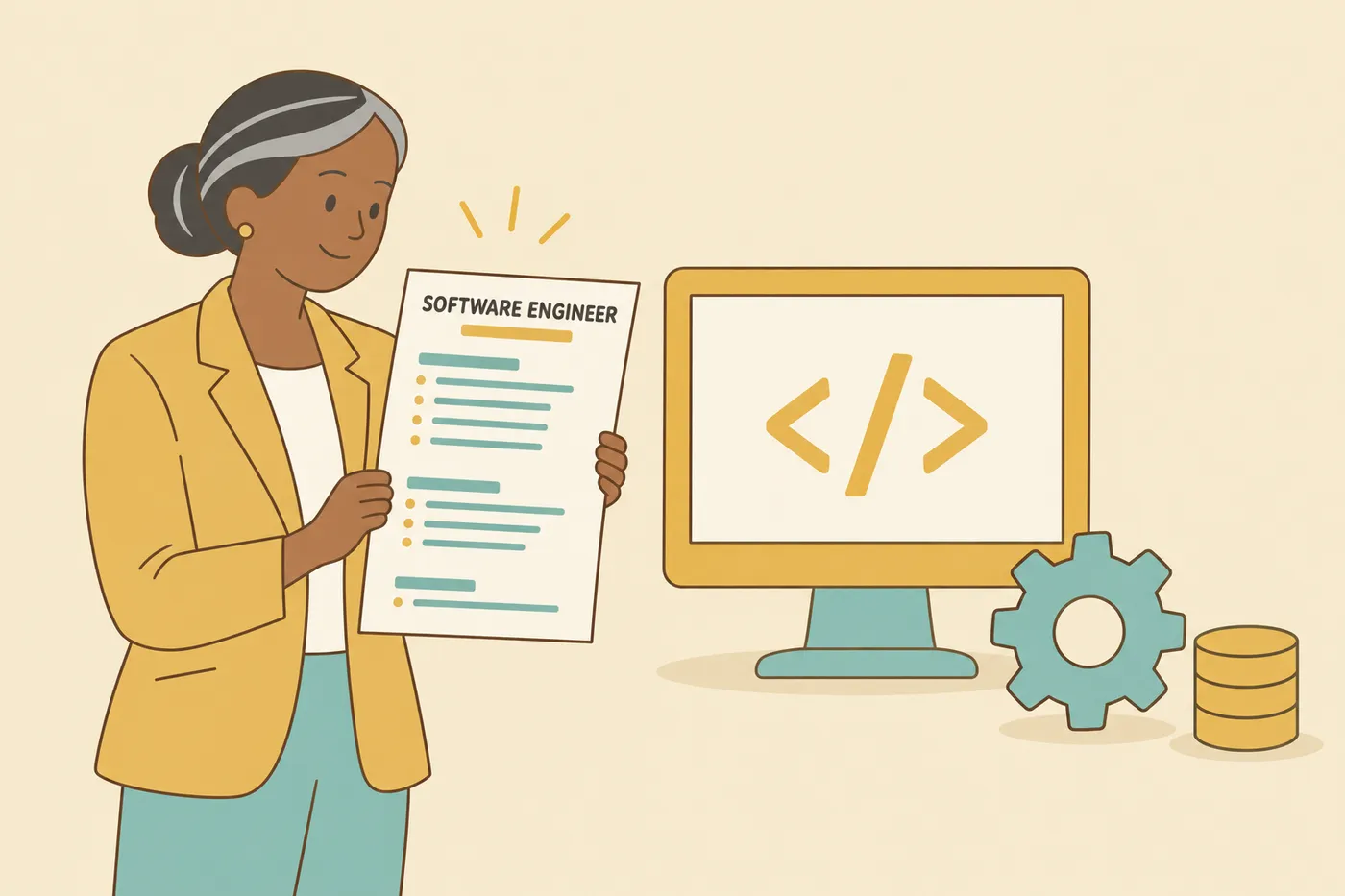 A software engineering manager reviews a resume with a 5-3-1 bullet point structure next to giant tech objects.