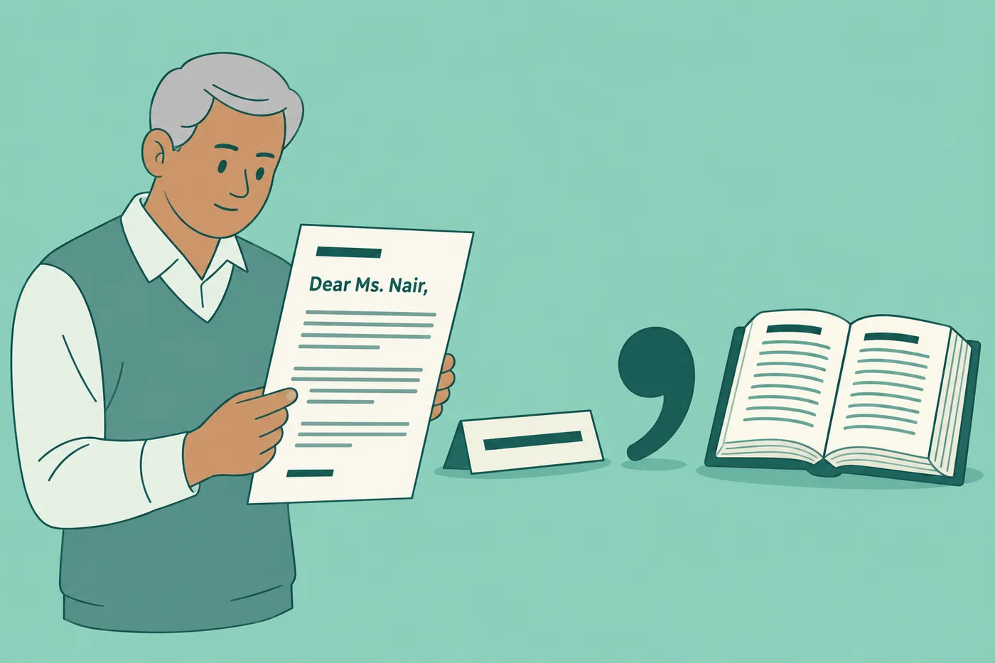 A man checks a cover letter greeting next to a nameplate, giant comma, and dictionary to represent titles and spelling rules.