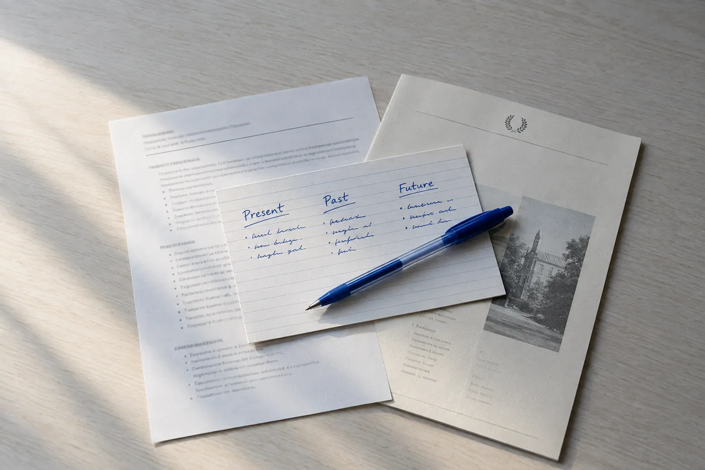 An index card outlining a present-past-future interview pitch sits on a desk next to a graduation program.