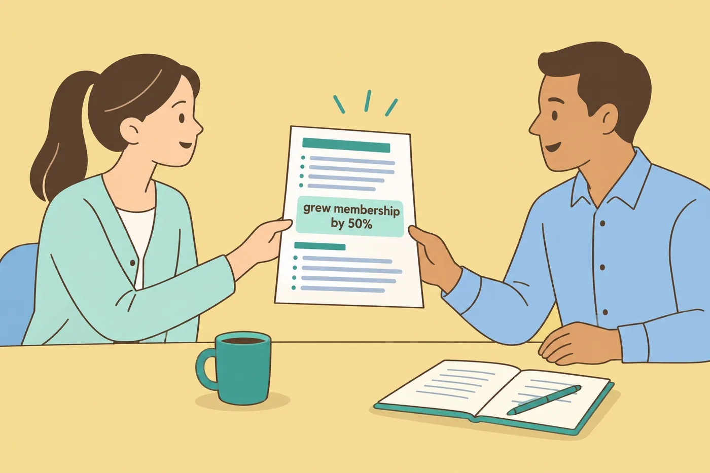 A recent graduate hands a resume to an interviewer across a desk, highlighting a specific metric to prove her strengths.