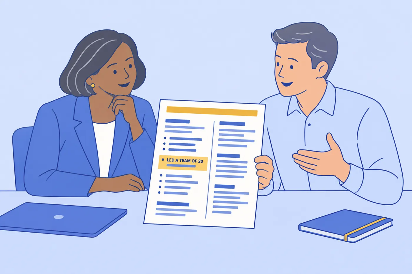An experienced manager interviews a job candidate who points to a resume highlighting leadership of a twenty-person team.