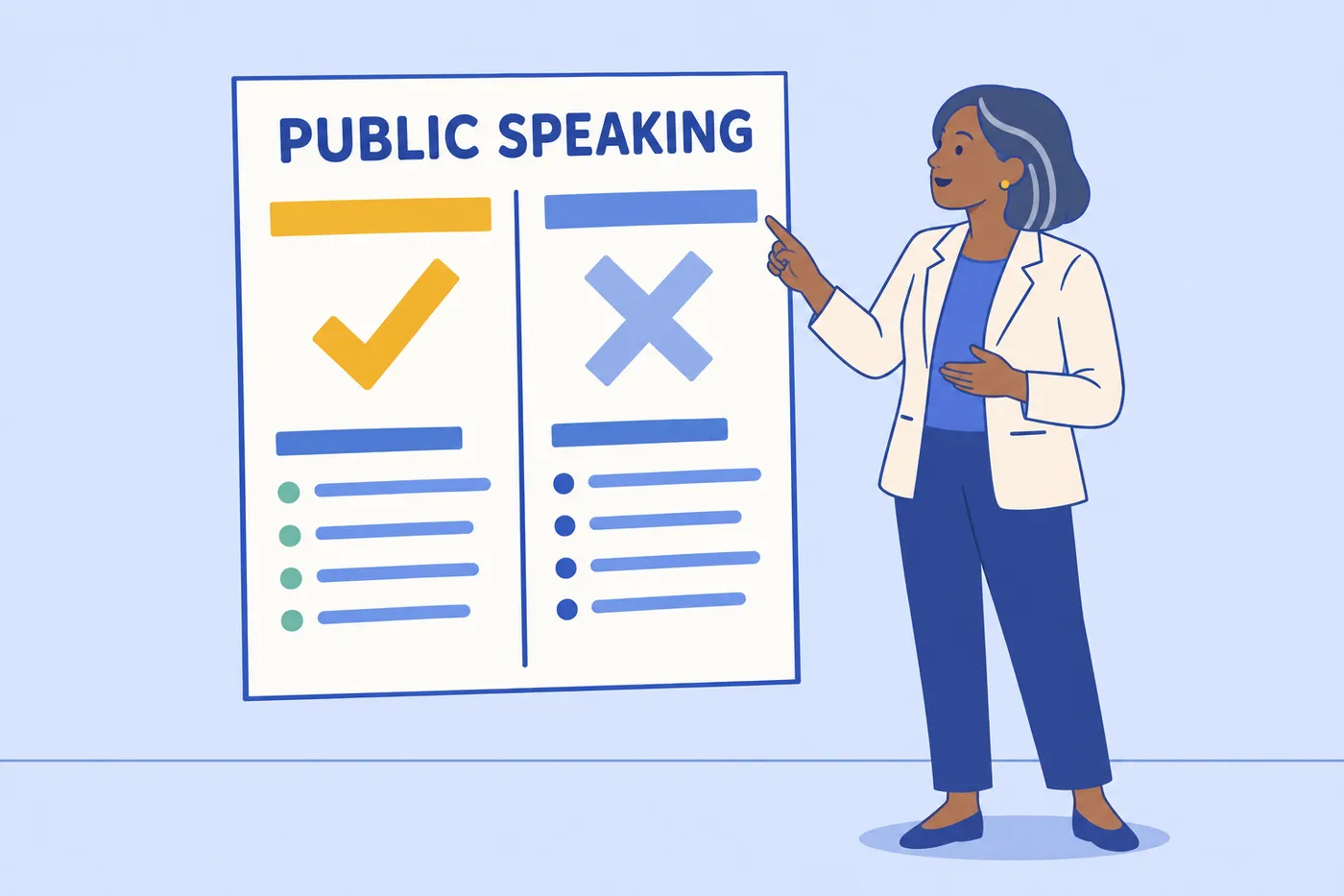 A professional points to a giant chart showing how the weakness 'public speaking' is acceptable for one job but sinks another.