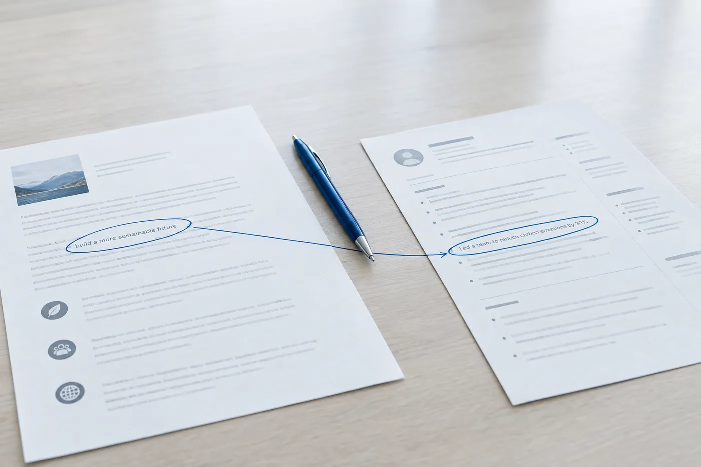 A hand-drawn blue ink line connects a circled company mission statement goal to a matching resume achievement.