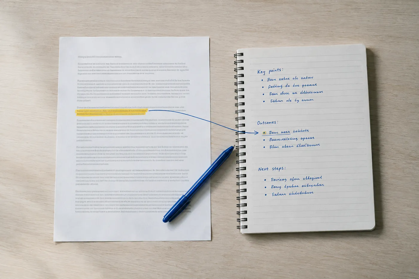 A blue ink arrow connects a highlighted section of a printed document to handwritten notes, illustrating how to adapt an interview answer to an employer's priorities.
