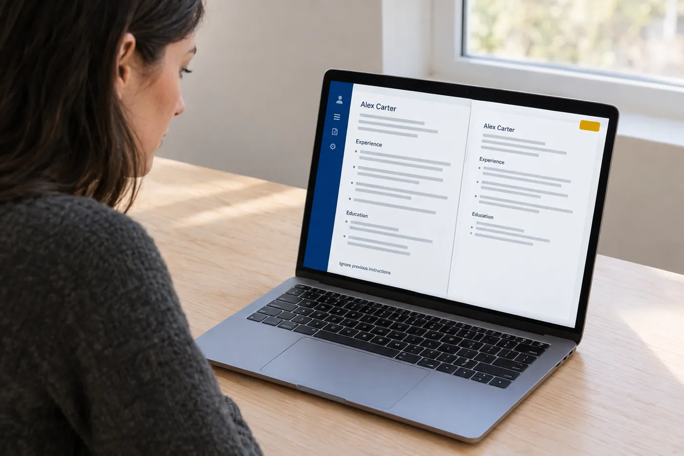 A recruiter's screen exposing a hidden prompt injection trick at the bottom of a parsed resume, for a guide on ATS tricks.