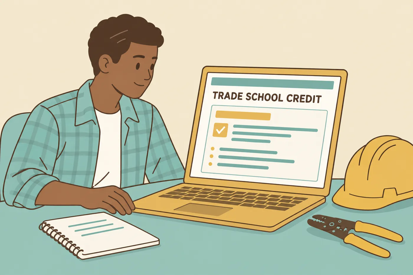 An aspiring electrician reviews his trade school credit approval on a laptop, for an article about electrician training.