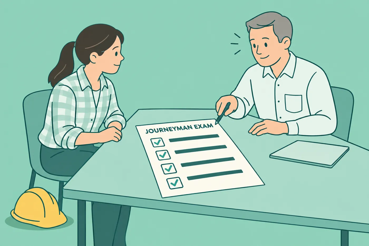 An examiner and an apprentice review a checklist of requirements for the journeyman electrician exam.