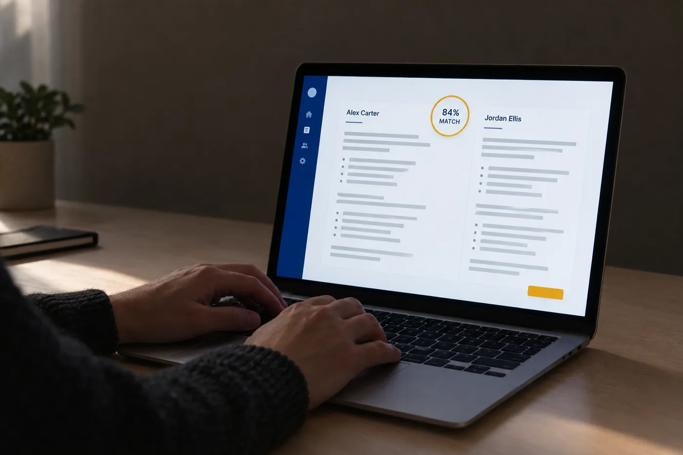 A laptop screen displaying an ATS keyword match scanner showing an eighty-four percent match rate, for a resume guide.