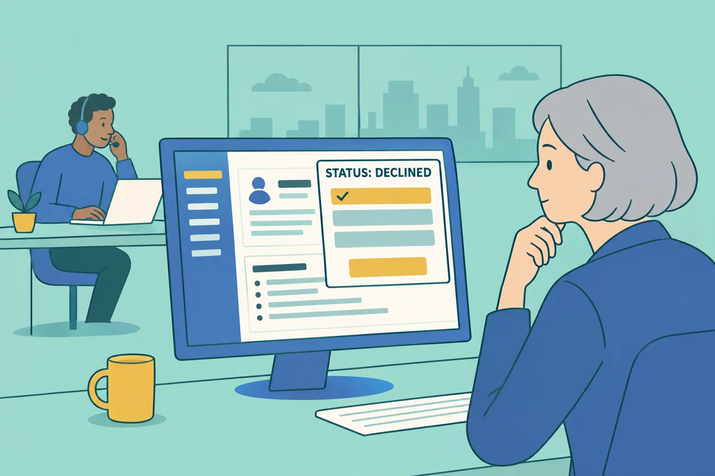 An HR manager updates a candidate's status to declined on her office computer screen.