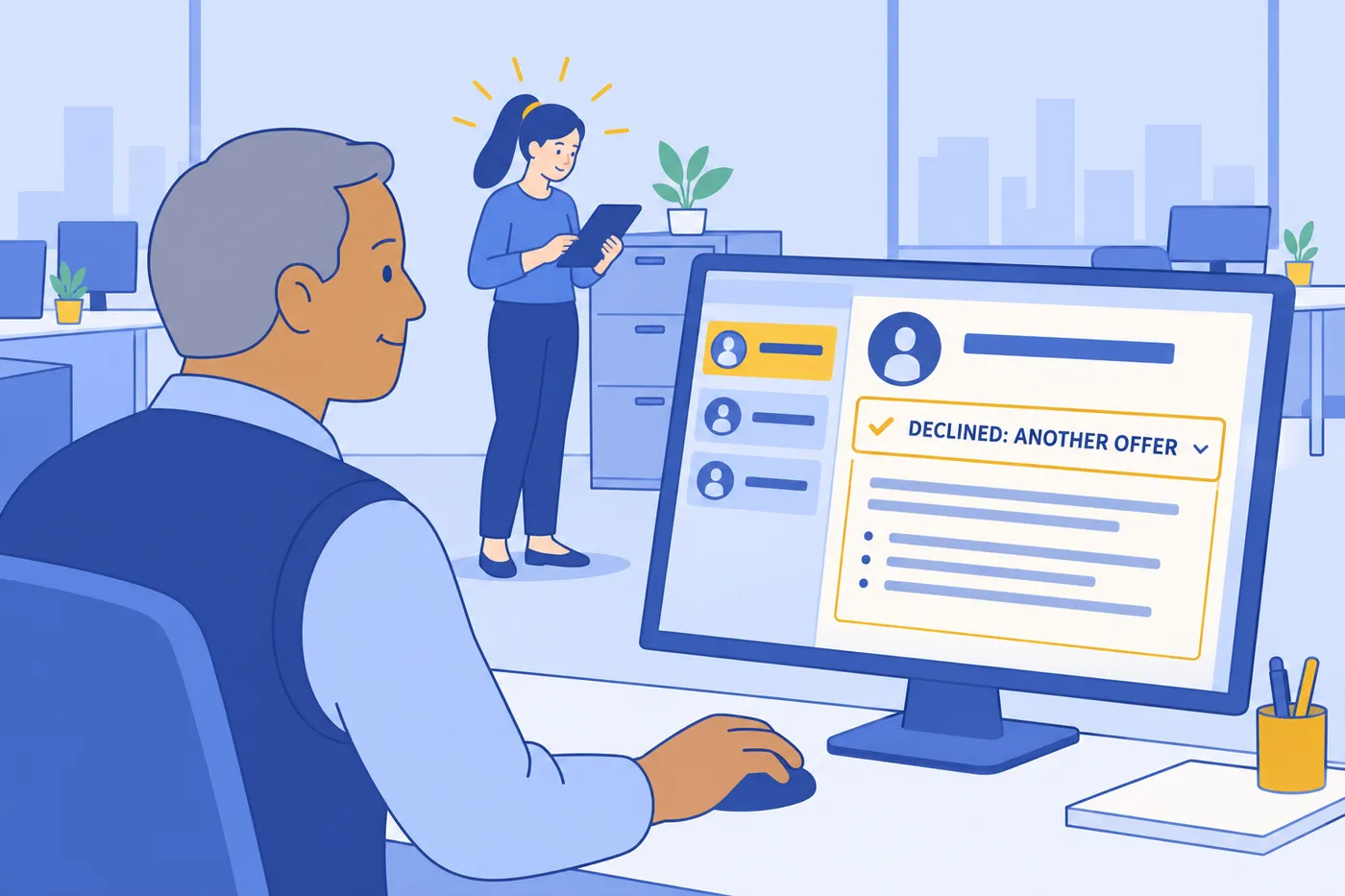 An HR manager logs a candidate's rejection reason as 'Declined: Another Offer' in an applicant tracking system.