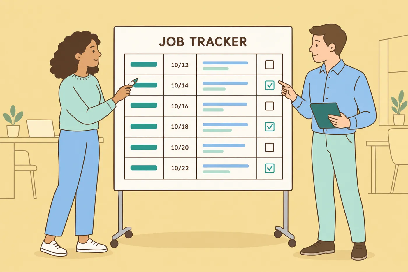 A job seeker and career coach plan follow-ups at a whiteboard job tracker, for a guide on managing multiple applications.