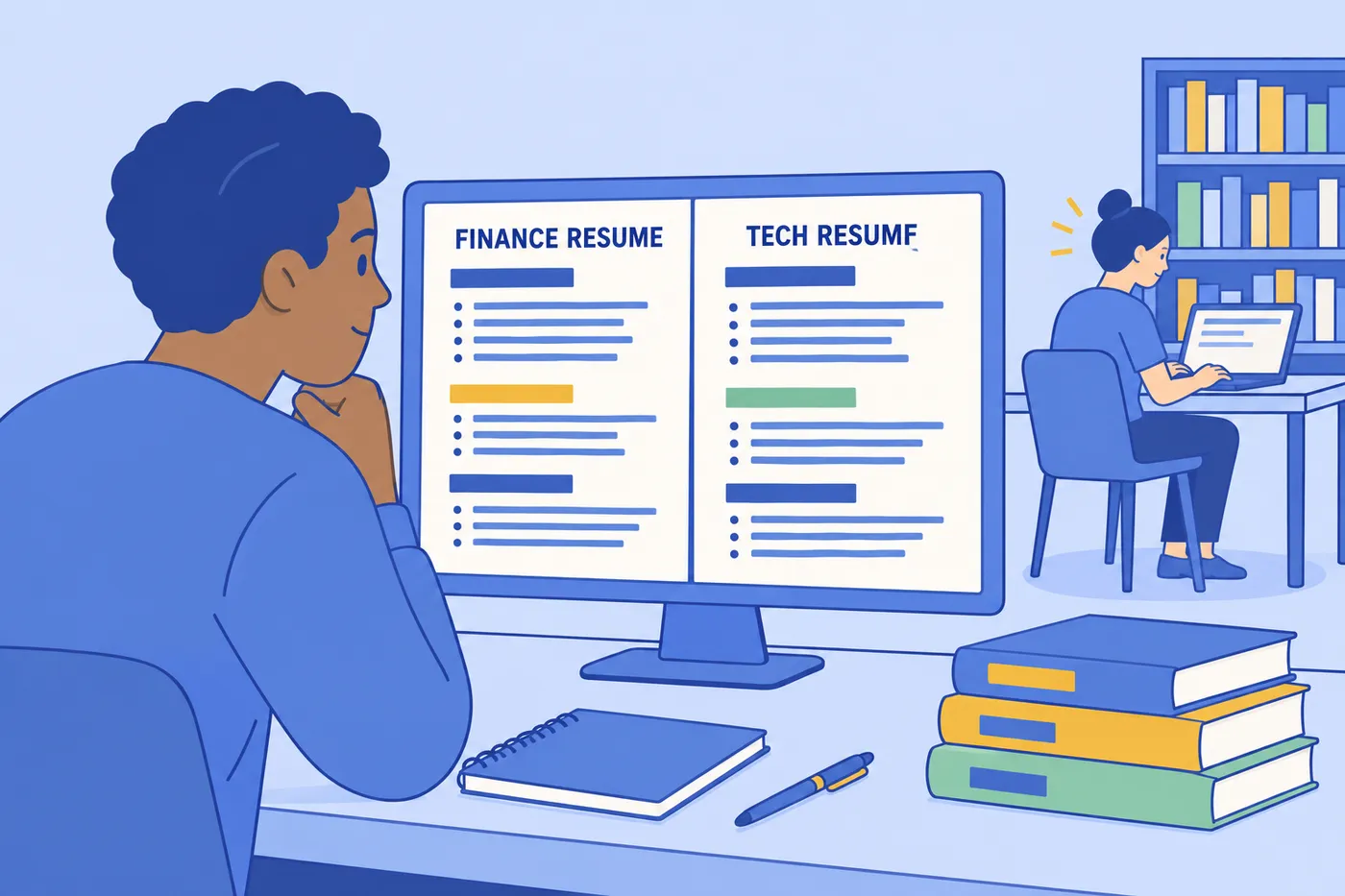 A student tailors two versions of his resume for finance and tech internship postings on a screen in a library.
