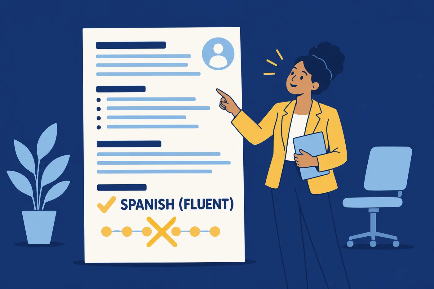 A woman points to 'Spanish (Fluent)' written in plain text on a giant resume, illustrating ATS-friendly language formatting.