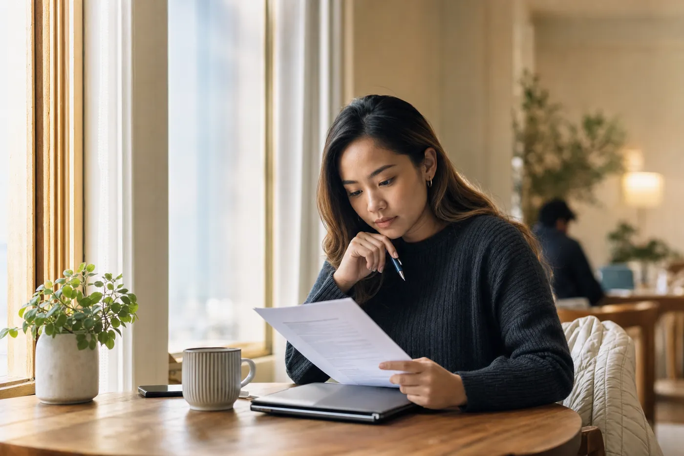 A focused professional reviews resume formatting at a sunlit wooden table with a pen and laptop nearby.