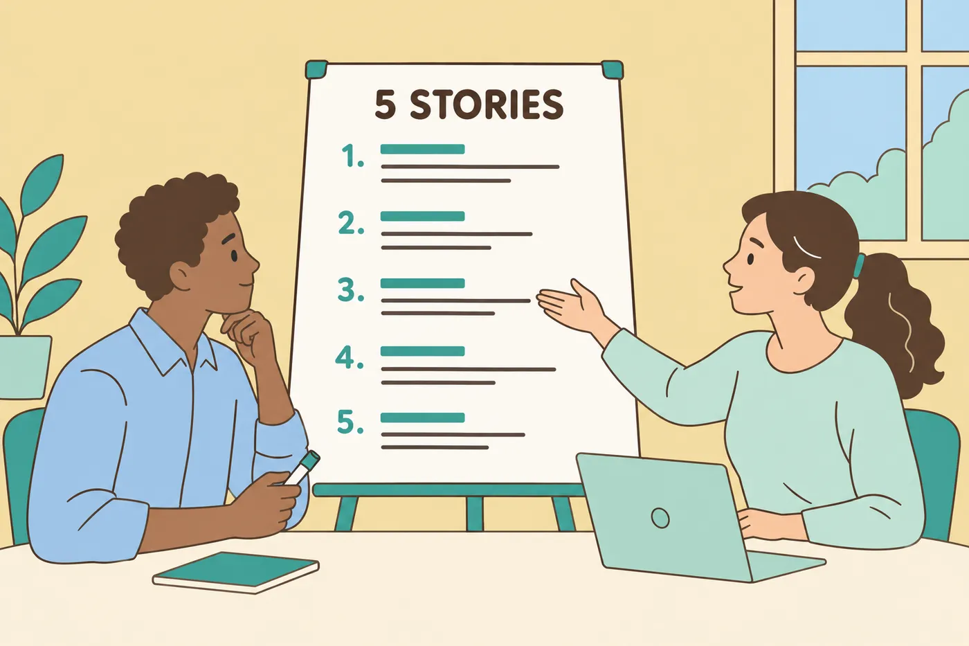 A job seeker and a partner review a whiteboard list of five prepared stories to practice for an upcoming interview.