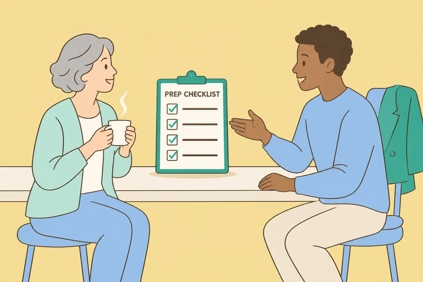 A woman in her sixties and a young man review a pre-interview prep checklist together at a kitchen counter.