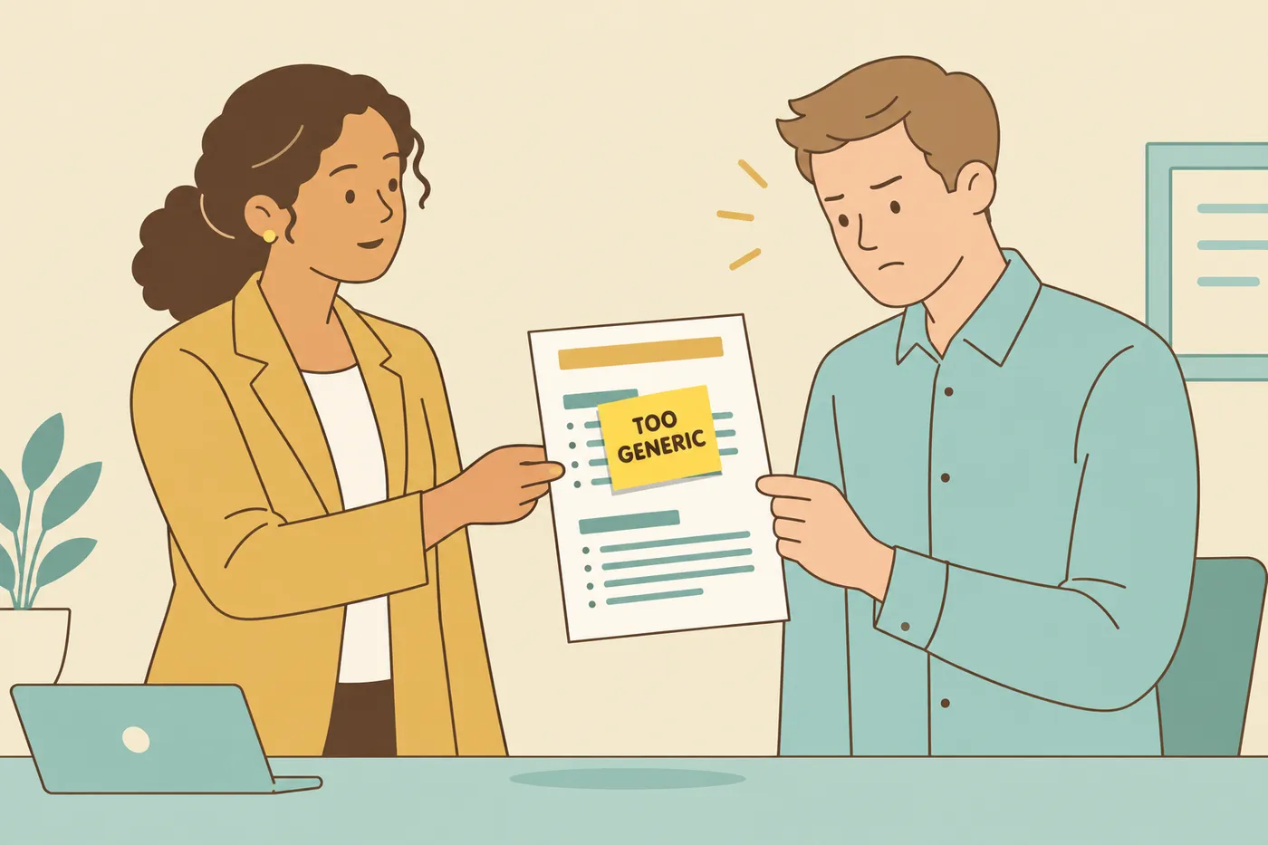 An olive-skinned candidate hands her resume to a recruiter, who spots a 'Too Generic' sticky note on a project bullet.
