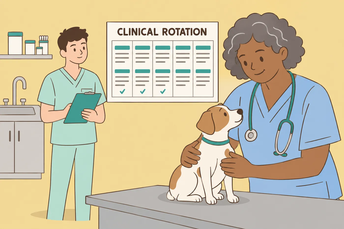 A veterinary student observes a senior veterinarian examining a dog during a clinical externship rotation.