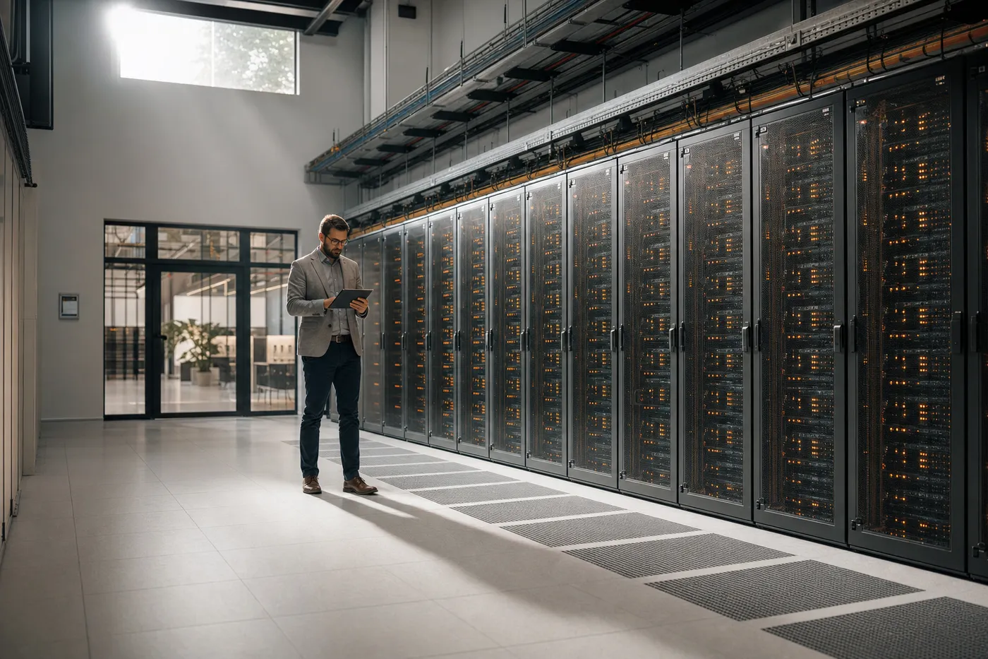 A professional in a sunlit, modern server room, representing the high-end physical infrastructure required to run advanced AI.