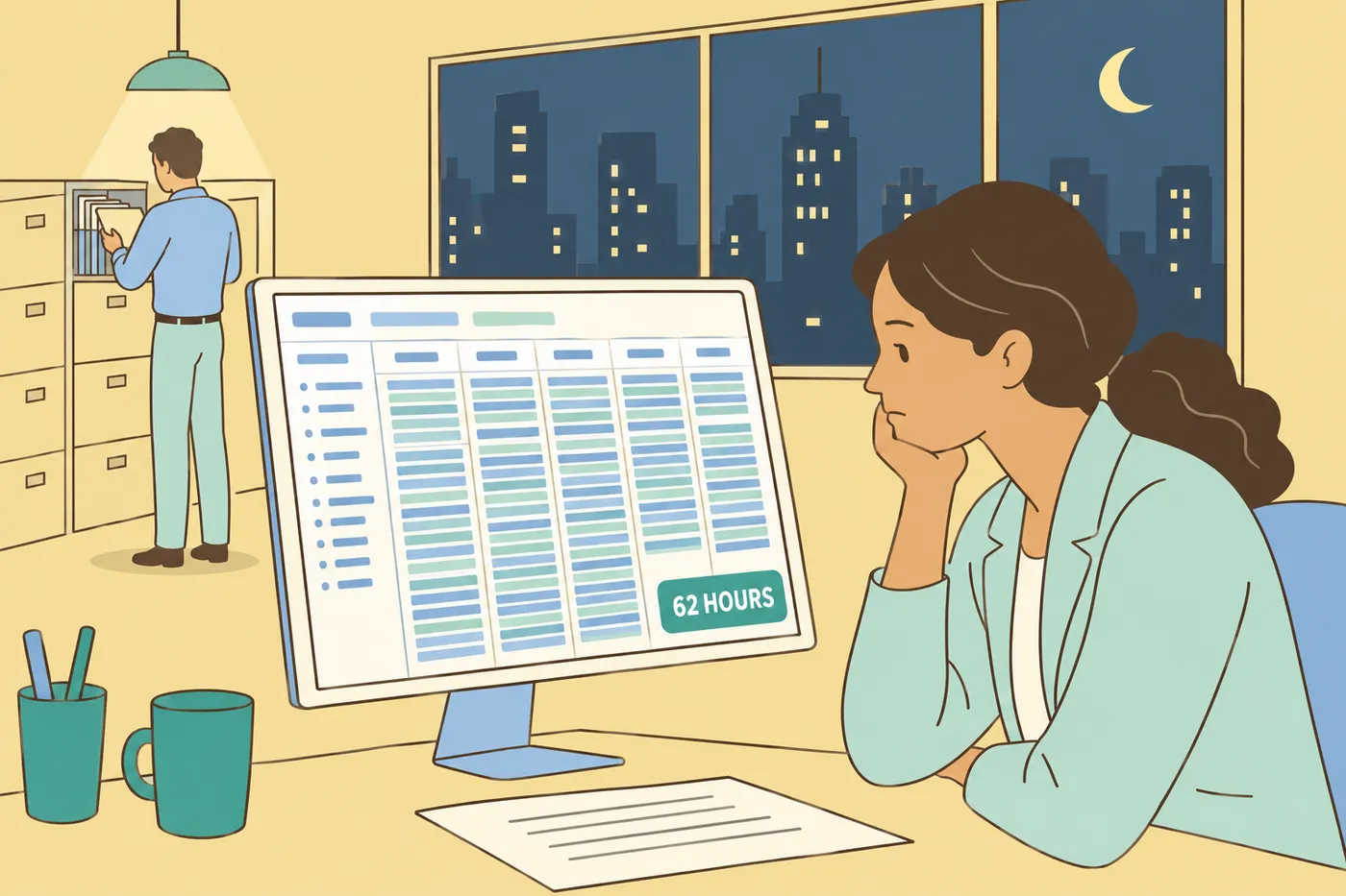 An office worker looks tiredly at her computer screen showing a 62-hour work week, illustrating long hours in consulting.