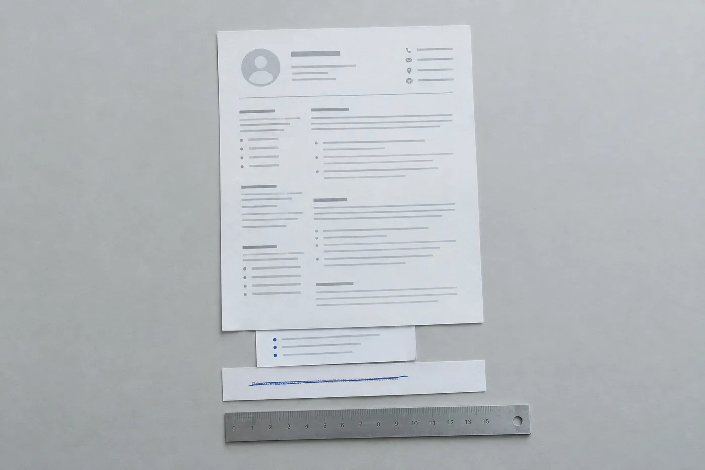 A resume with its bottom reference line cut off and replaced by a slip of skills, shot from above.