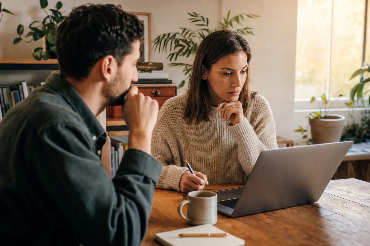 A professional thoughtfully evaluates a resume draft on a laptop screen in a sunlit home office.