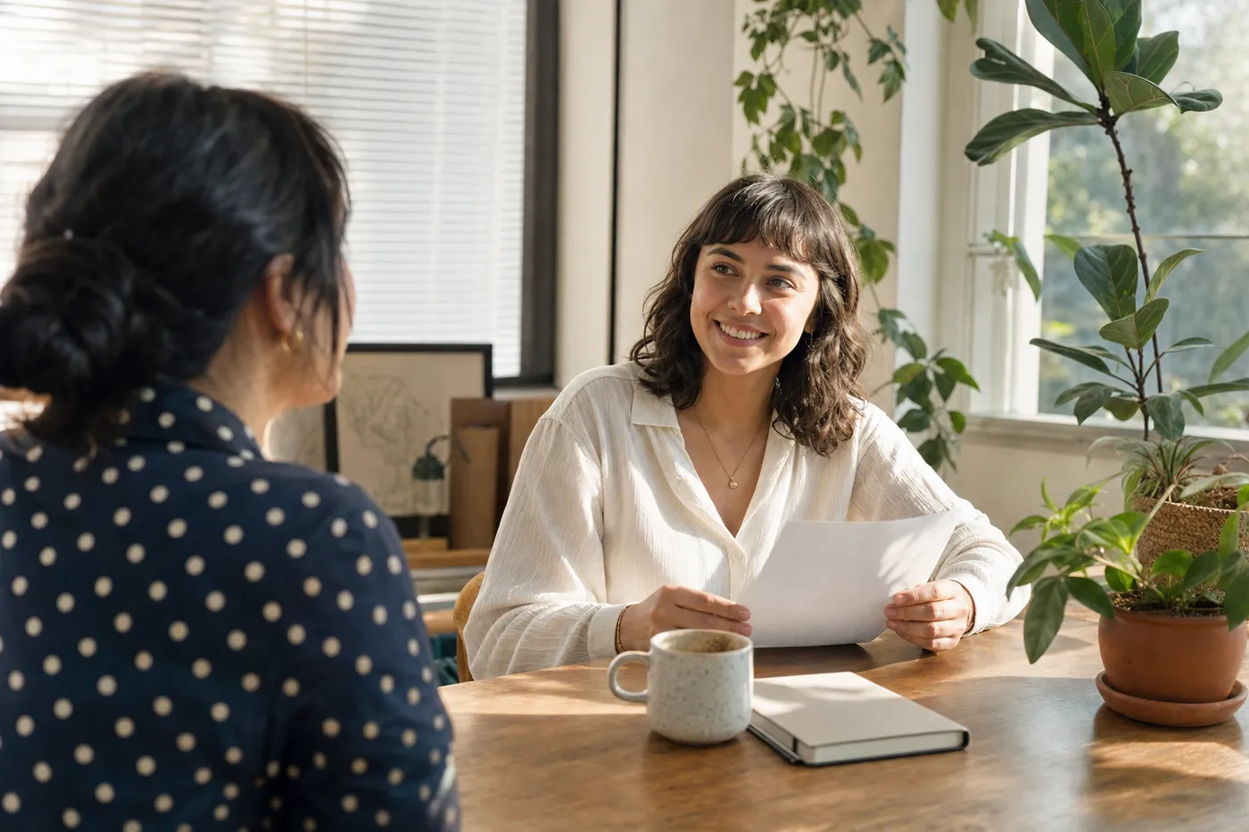 A young professional smiles confidently while holding a clean, single-page resume in a bright, sunlit home office.