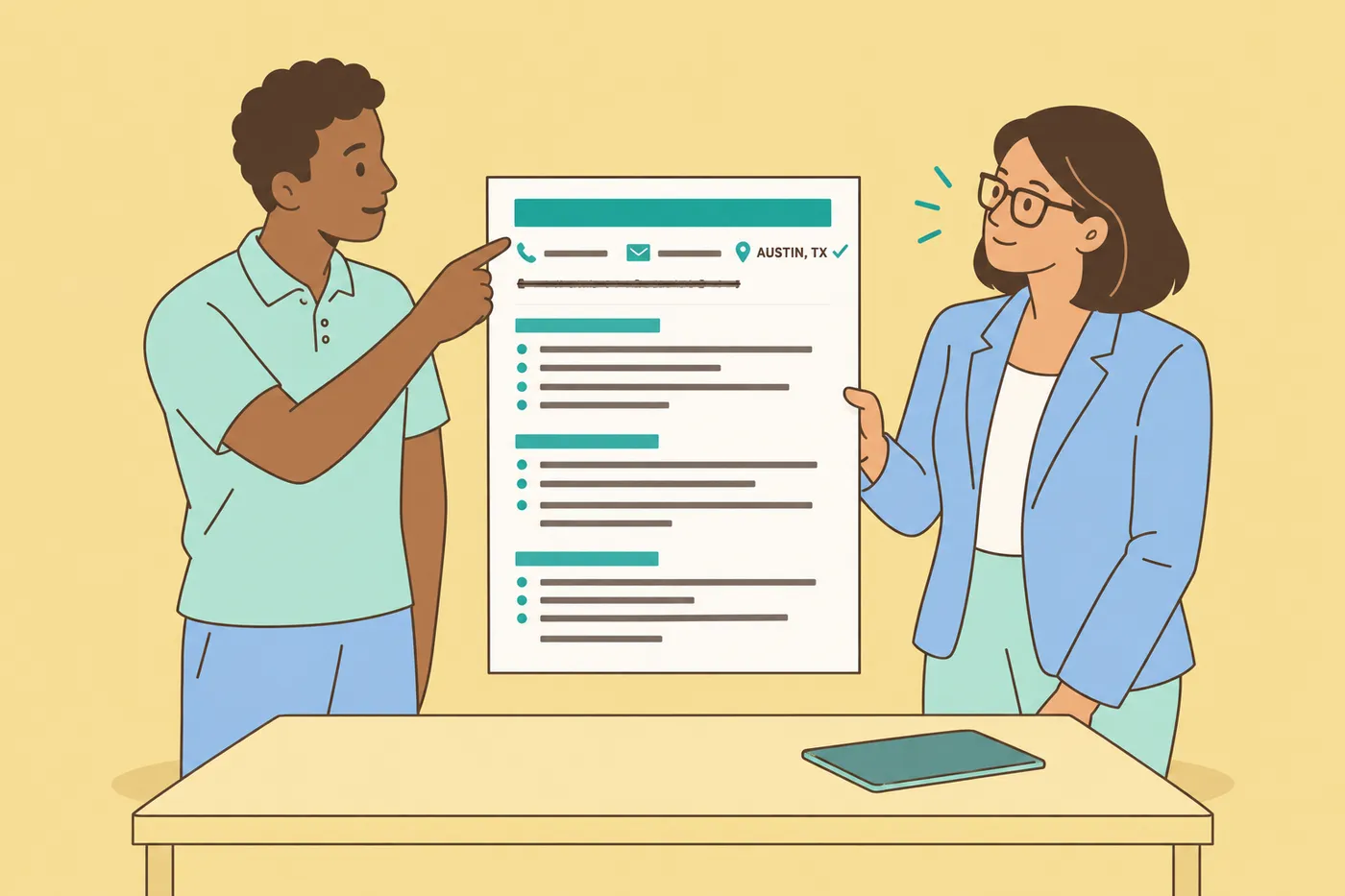 A job candidate and a recruiter discuss a resume header that lists only Austin, TX instead of a full street address.