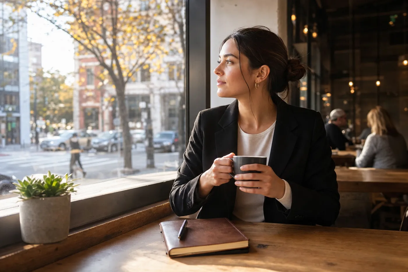 A professional looking out a café window at a city skyline, reflecting on location and resume details.
