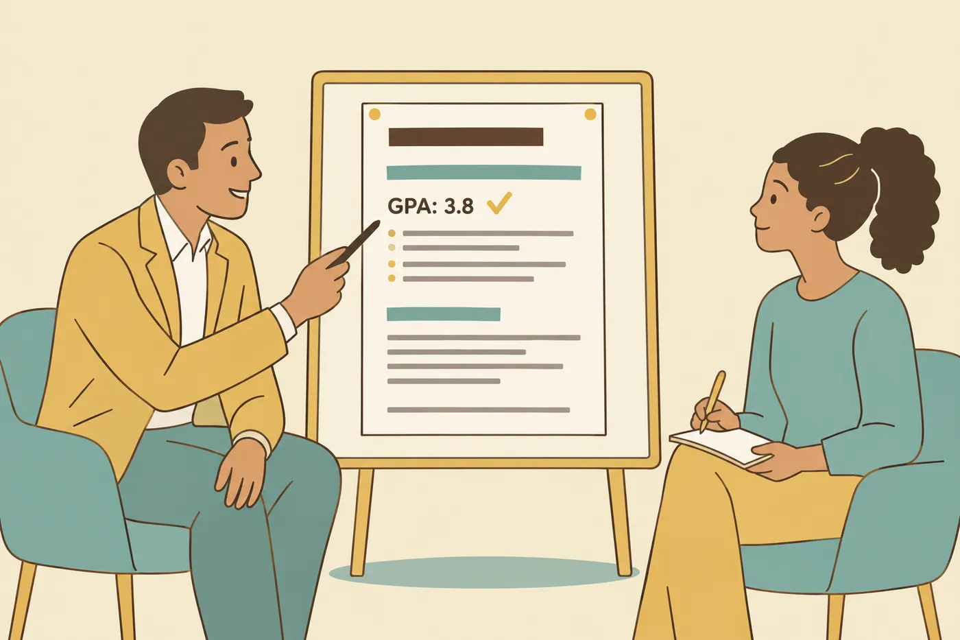 A career advisor points to a GPA of 3.8 on a student's resume pinned to a whiteboard, illustrating how to format education.