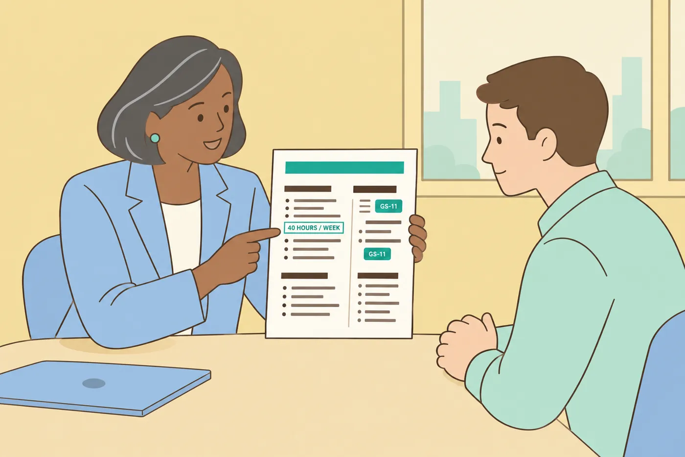A federal career advisor explains the required hours and grade level details on a custom PDF resume.